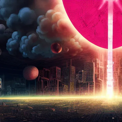 Prompt: adularia, apocalyptic spherical explosion, city, akira art style, pink, red, beams of light