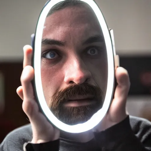 Prompt: a photo of a strange man with strange mirror eyes