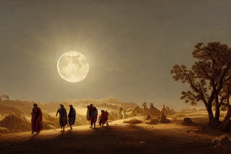 Prompt: group of pilgrims walking through the desert with the moon on the horizon, in the style of samuel prout, highly detailed, elegant, intrincate, colorful, vivid, realist style, hyperdetailed, 4 k resolution, matte painting