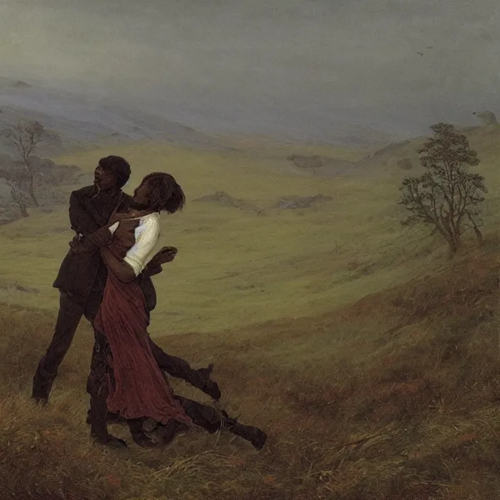 Prompt: adult dark - skinned man choking woman on the moorland, painting by caspar david friedrich