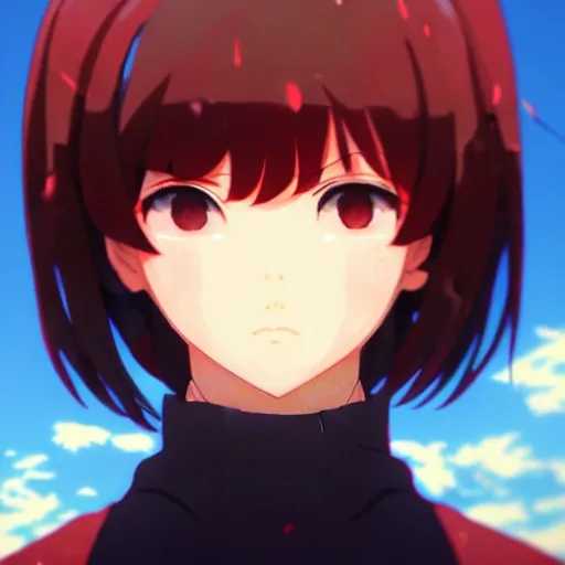 Image similar to makoto shinkai, artgerm, ilya kuvshinov, beautiful anime women with red shirt brown pants, black and red hair, wind powers symmetrical face, symmetrical eyes, detailed, field setting, cinematic lighting