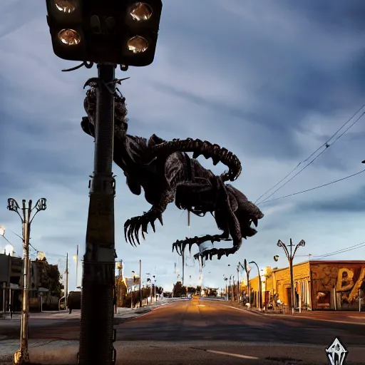 Image similar to deathclaw from fallout drives a subaru, street lighting, downtown environment, wide lens, 2 4 mm, street lamps