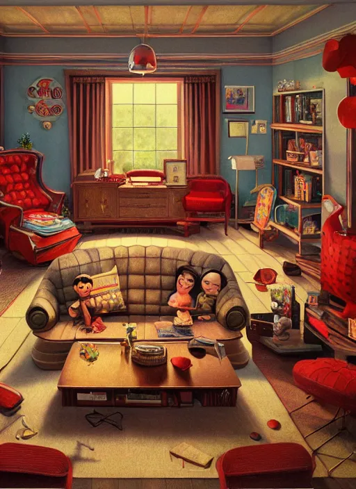 Image similar to highly detailed wide - angle portrait of a retro 1 9 6 0 s living room, nicoletta ceccoli, mark ryden, lostfish, earl nore, hyung tae, frank frazetta, global illumination, god rays, detailed and intricate environment