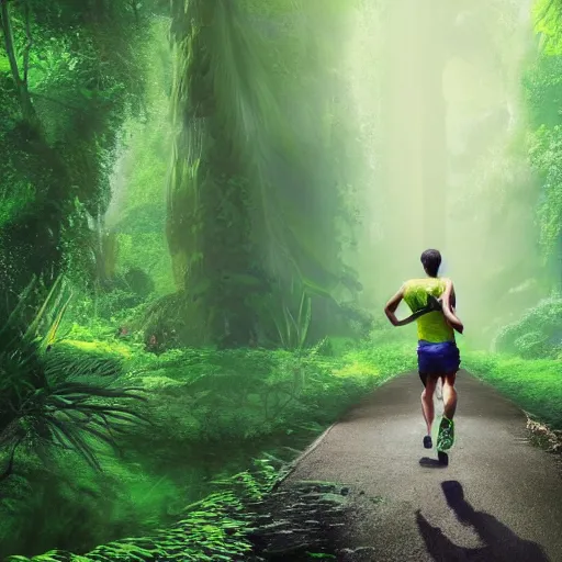 Image similar to sporty guy in acid-green sneakers, runs alone through a jungle with tall trees, shot from the back, natural, in perspective, fantasy artwork, very very very beautiful scenery, hd, hdr, ue5, ue6, unreal engine 5, cinematic 4k wallpaper, 8k, ultra detailed, high resolution, artstation, award winning,