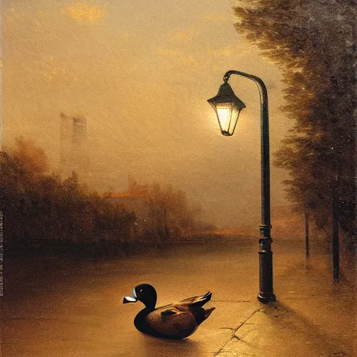 Image similar to lonely duck under a street light by august friedrich schenck, oil painting, close - up