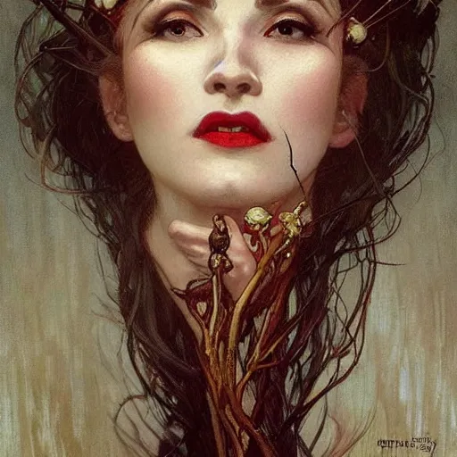 Prompt: portrait of a menacing beautiful vampire, face only, beautiful detailed eyes, by Stanley Artgerm Lau , greg rutkowski, thomas kindkade, alphonse mucha, loish, norman rockwell, J. C. Leyendecker. hair waving in the wind, pale skin, sinister complexion, thorn crown, imagine bordered by thorns. D&D, fantasy. Trending on artstation rule of thirds extremely detailed illustration hd 4k