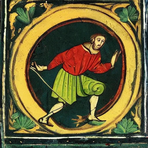 Image similar to a completely green man swinging a frying pan, medieval painting