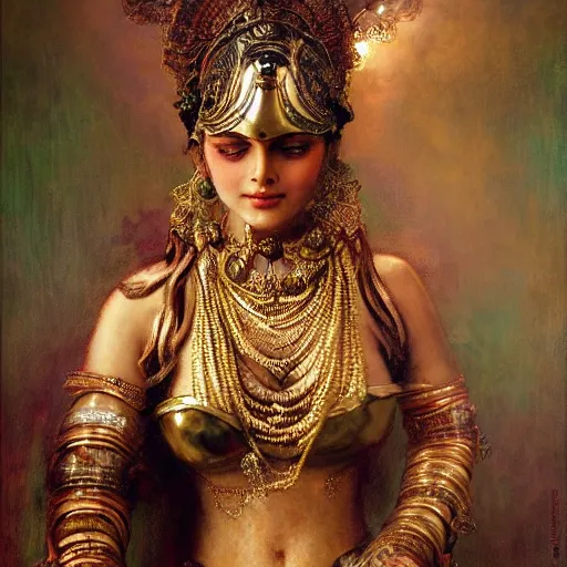 Image similar to detailed potrait of hindu traditional woman blindfolded by high - tech steam punk face armour, girl graceful,, painting by gaston bussiere, craig mullins, j. c. leyendecker, lights, art by ernst haeckel, john william godward, hammershøi,,