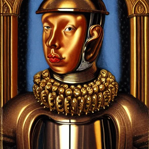Image similar to a portrait of a shiny metallic renaissance robot, in the style of Jan van Eyck,