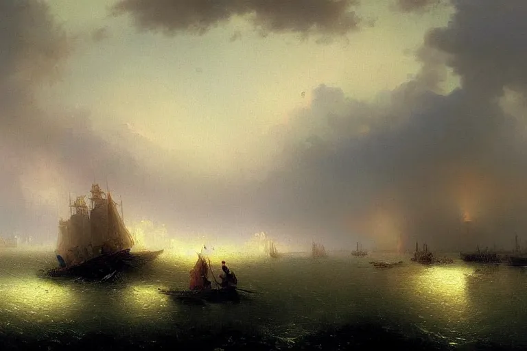 Prompt: A beautiful painting of port town during thunderstorm by Ivan aivazovsky and greg rutkowski