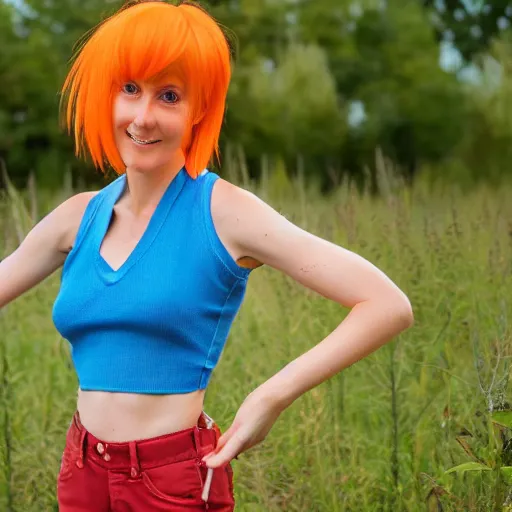 Image similar to misty from pokemon, her orange hair in a side ponytail, wearing a yellow shiort sleeved crop top and blue daisy duke shorts with red suspenders on top, standing in a field, by gottfried helnwein, dslr full body portrait, sigma 8 5 mm f 1. 8
