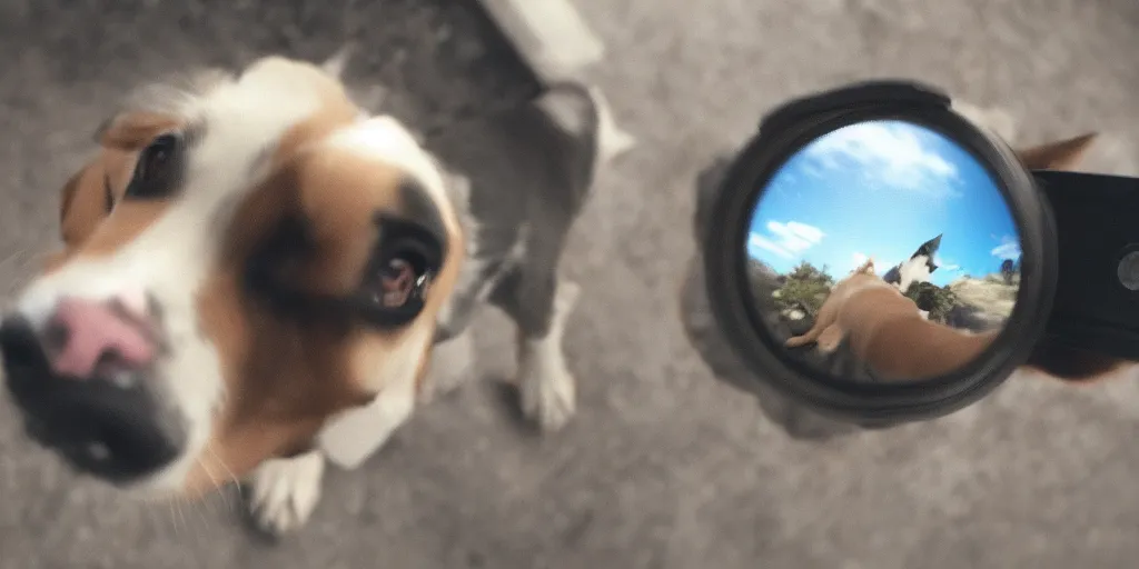 Image similar to Selfie of a dog, first-person view, fisheye!!!!!! lens, photorealistic imagery, trending on artstation, 4k, 8k