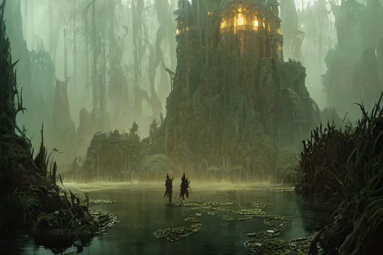 Prompt: old forgotten kingdom surrounded by murky swamps, deep focus, d & d, fantasy, intricate, elegant, highly detailed, digital painting, artstation, concept art, matte, sharp focus, illustration, hearthstone, art by greg rutkowski and alphonse mucha and andreas rocha