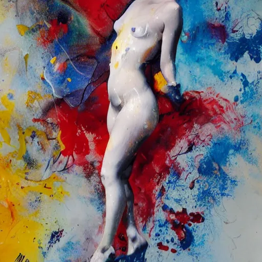 Image similar to a dynamically posed figure rendered in an expressive and stylized fashion showing movement with paint splashes