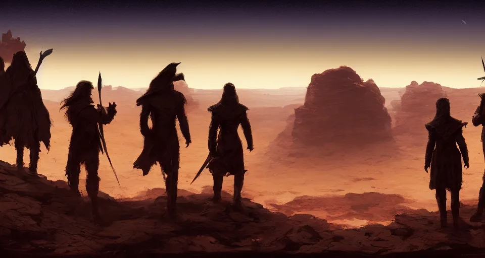 Image similar to Group of four adventurer as silhouettes, two small, one tall, Scenic view at night of the rock desert, underexposed, clean horizon, matte painting by craig mullins and dan mumford, dark fantasy, style of game of thrones, concept art trending on artstation, 4k, insane details