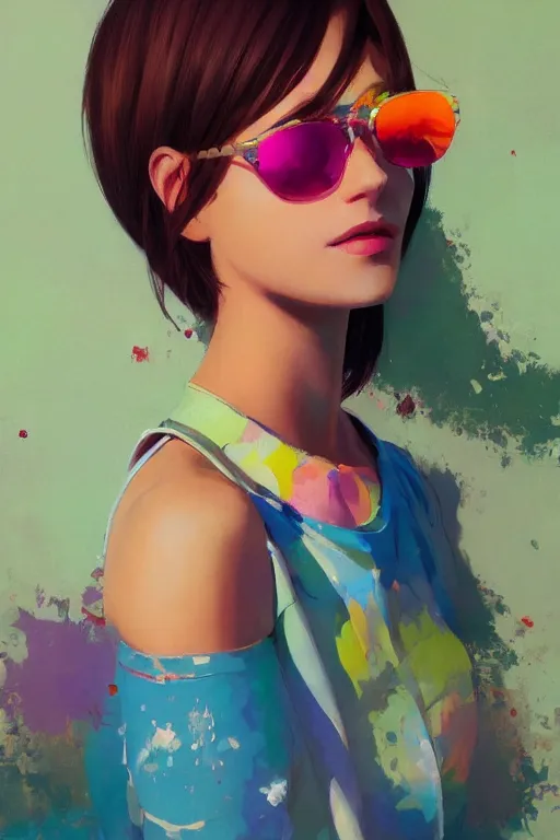 Prompt: A ultradetailed beautiful panting of a stylish woman looking at the camera, she has colorful stickers on her face, bright sunny day, Oil painting, by Ilya Kuvshinov, Greg Rutkowski and Makoto Shinkai