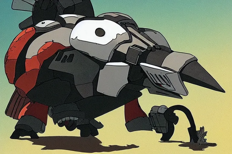 Image similar to heavily armoured mechanical chicken by studio ghibli