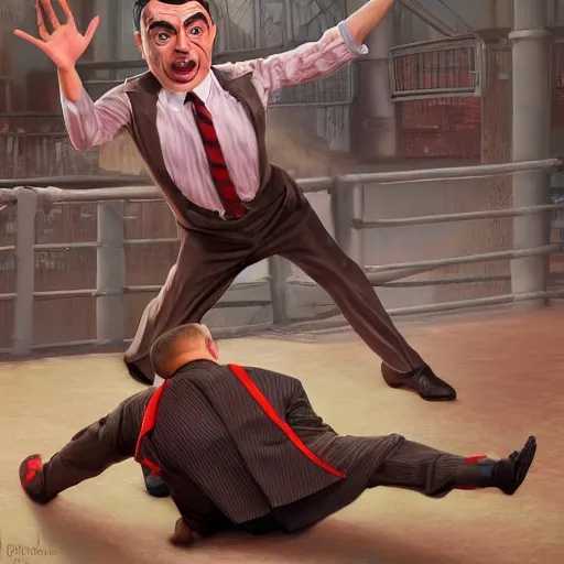 Image similar to A wrestling match between Mr. Bean and Peewee Herman, hyperrealistic, realistic, highly detailed, very detailed, extremely detailed, HD Quality, 8k resolution, digital art, oil painting, trending on artstation, epic, jagged edges and thick black outlines