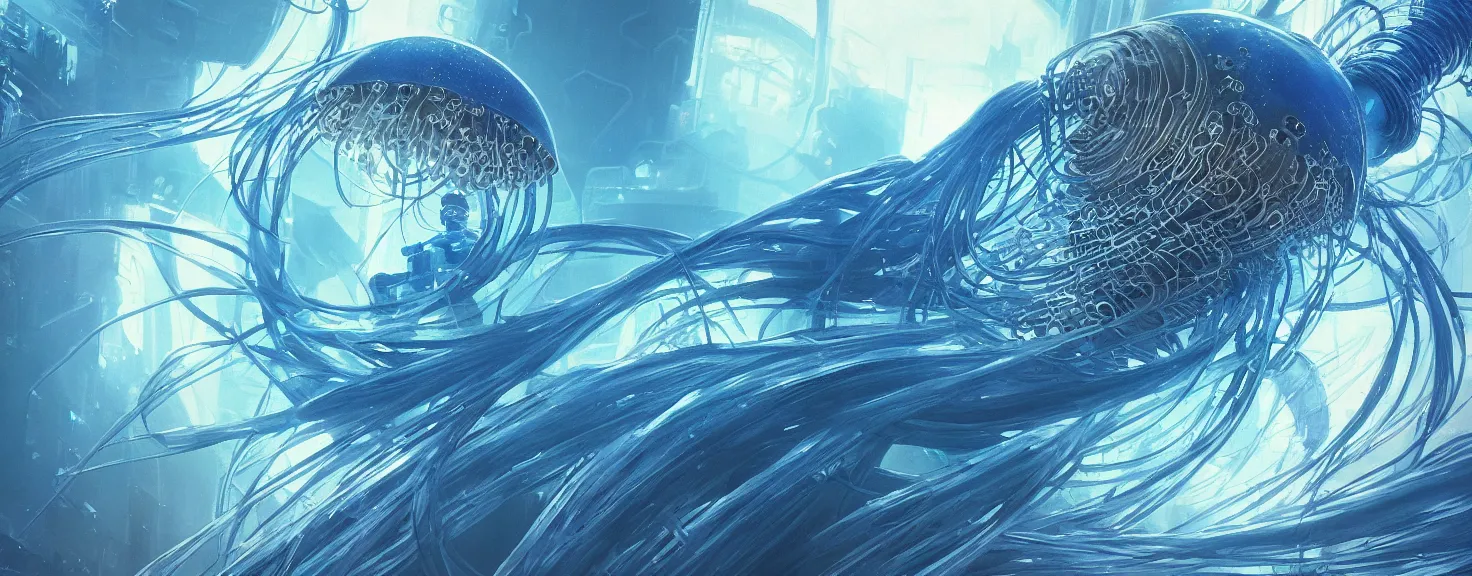 Image similar to Panorama hyper detailed painting of a cyberpunk jellyfish, blue tones, underwater, 8 mm, highly detailed, digital painting, artstation, concept art, smooth, sharp focus, illustration, art by artgerm and greg rutkowski and alphonse mucha