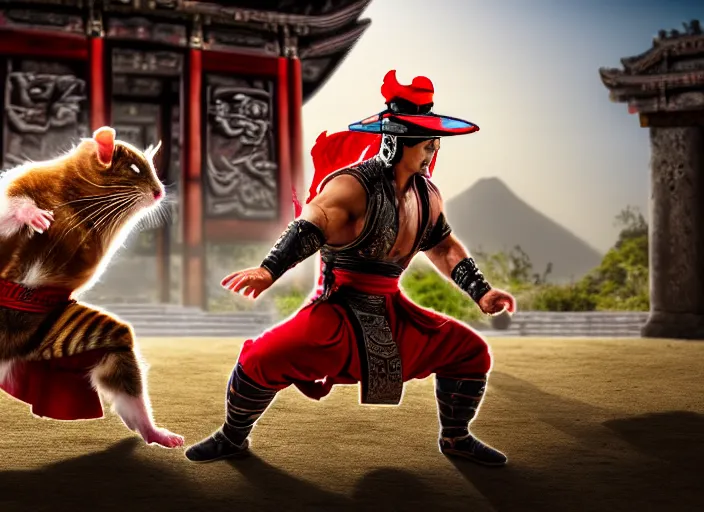 Image similar to hamster dressed as shao khan fights a cat dressed as kung lao in mortal kombat on the background of an ancient temple. fantasy magic style. highly detailed 8 k. intricate. lifelike. soft light. sony a 7 r iv 5 5 mm. cinematic post - processing