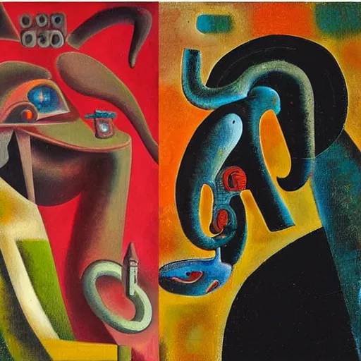 Image similar to Oil painting by Rufino Tamayo. Two mechanical gods with animal faces having a conversation. Oil painting by Dali. Portrait by Lisa Yuskavage.