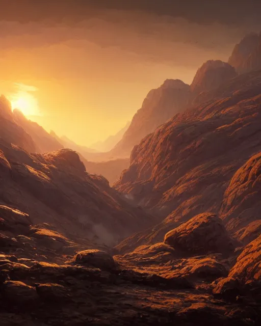 Image similar to double sunrising in the valley of fire, environment art, fantasy art, landscape art, in the style of greg rutkowski, illustration, epic, fantasy, intricate, hyper detailed, artstation, concept art, smooth, sharp focus, ray tracing