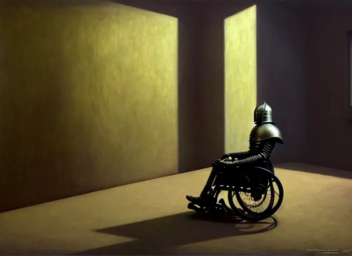 Image similar to knight in armor in a wheelchair do tricks, minsk, highly detailed, soft lighting, elegant, works by edward hopper and james gillard, zdislaw beksinski, stephen outram, andreas m wiese, highly detailed, masterpiece. rendered in blender, smooth shadows, ultra detail, high resolution, unreal 6, 8 k