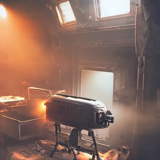 Image similar to head of toaster oven mecha, dark messy smoke - filled cluttered workshop, dark, dramatic lighting, orange tint, cinematic, highly detailed, sci - fi, futuristic, movie still