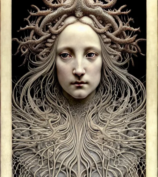 Prompt: detailed realistic beautiful winter goddess face portrait by jean delville, gustave dore, iris van herpen and marco mazzoni, art forms of nature by ernst haeckel, art nouveau, symbolist, visionary, gothic, neo - gothic, pre - raphaelite, fractal lace, intricate alien botanicals, ai biodiversity, surreality, hyperdetailed ultrasharp octane render