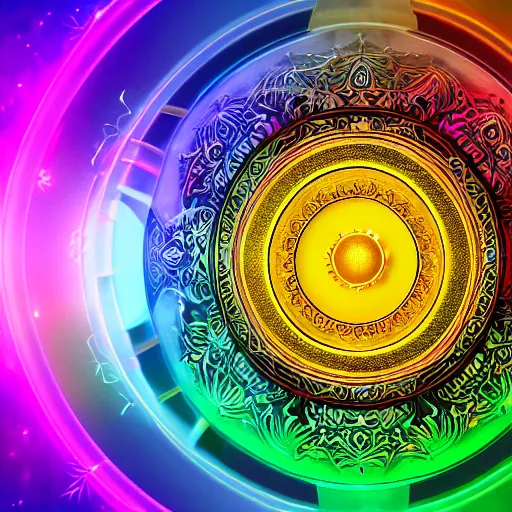 Prompt: rainbowcore, golden yinyang sign glowing, surrounded by lotus, with the sun shining with the moon, with detailed mandala filled with fractals, bioluminescence, glowing runes, de-noise, symmetrical composition, high detailed, super clear, ornate border, 32k immaculate scale, hyper-realistic, Unreal Engine, Octane Render, digital art, trending on Artstation, atmospheric, immaculate