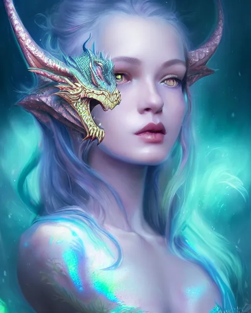 Image similar to cute female woman dragon chimera of iridescent liquid, alchemy, shiny plastic, intricate, bloom, detailed, volumetric lighting, sharp focus, photorealism, digital painting, highly detailed, concept art, by by artgerm and wlop