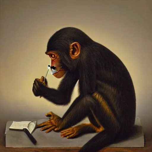 Prompt: a monkey philospher pens its magnum opus, oil on canvas