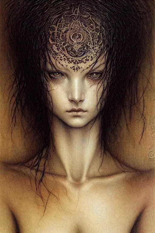 Image similar to portrait of young female, front view, black short hairs, tattoo, fantasy, intricate, jean delville, luis royo, beksinski