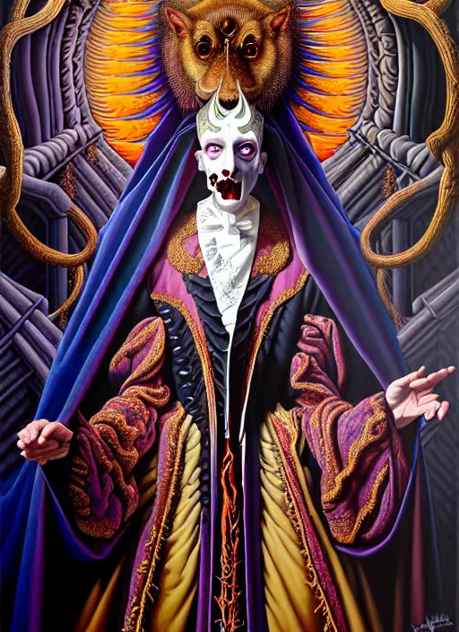 Image similar to beautiful oil painting, full length portrait of vampire dauphinois in baroque coronation robes 1 7 0 1, dan mumford, dan mumford, alex grey, hyacinthe rigaurd, highly detailed, lsd visuals, dmt fractal patterns, visionary art, psychedelic art, ornate, vaporwave, baroque, greg rutkowski