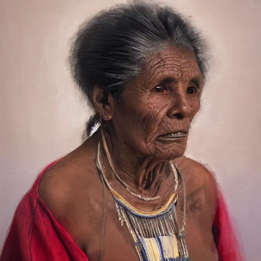 Prompt: a painting of a lantina elder woman by Lynette Yiadom-Boakye . details, smooth, sharp focus, illustration, realistic, cinematic, artstation, award winning, rgb , unreal engine, octane render, cinematic light, macro, depth of field, blur, red light and clouds from the back, highly detailed epic cinematic concept art CG render made in Maya, Blender and Photoshop, octane render, excellent composition, dynamic dramatic cinematic lighting, aesthetic, very inspirational, arthouse.