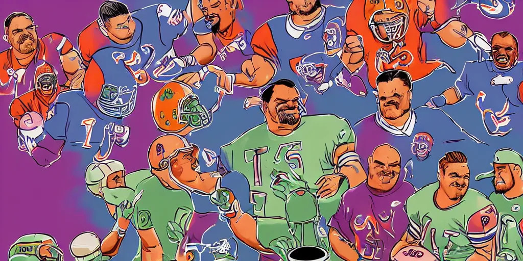 Prompt: Football players Butkus, Ditka, Walter Payton, as chefs inside Cthulhu, in the style of Lisa Frank