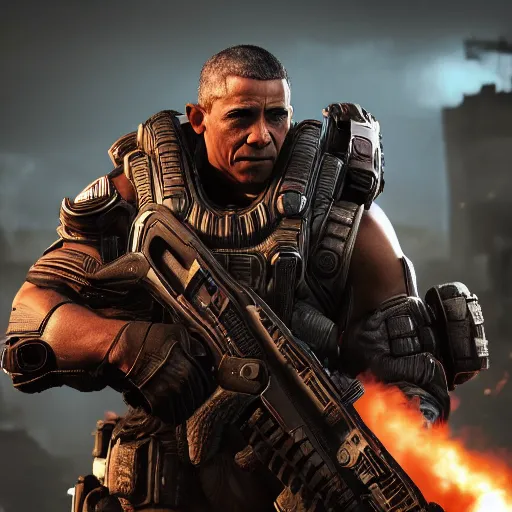 Image similar to barrack obama in gears of war battlefield 5, detailed face, splash art, movie still, cinematic lighting, dramatic, octane render, long lens, shallow depth of field, bokeh, anamorphic lens flare, 8 k, hyper detailed, 3 5 mm film grain