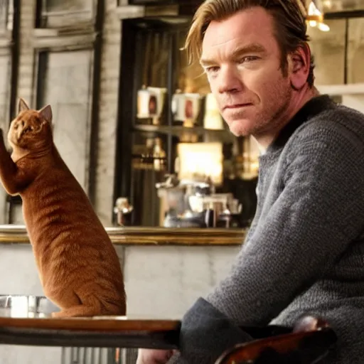 Image similar to ewan mcgregor talking to his brown cat in early 2 0 th century cafe in paris.