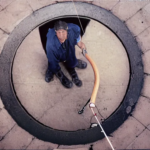 Image similar to closeup portrait of a man with a fishing rod fishing at a manhole in a new york street , by Annie Leibovitz and Steve McCurry, natural light, detailed face, CANON Eos C300, ƒ1.8, 35mm, 8K, medium-format print