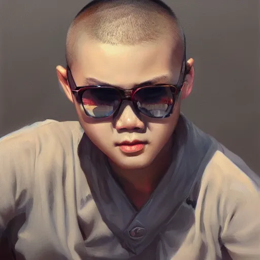 Image similar to chinese boy wearing shades with buzzcut, oil painting, artgerm, portrait, highly detailed, artstation