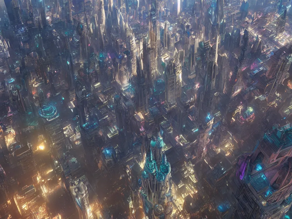 Image similar to big iridescent city with a few extremely tall spiking towers, unreal engine 5, art by artgerm and greg rutkowski and alphonse mucha, global illumination, detailed and intricate environment, hyperrealistic, volumetric lighting, epic cinematic shot, perfectly defined features, ambient occlusion