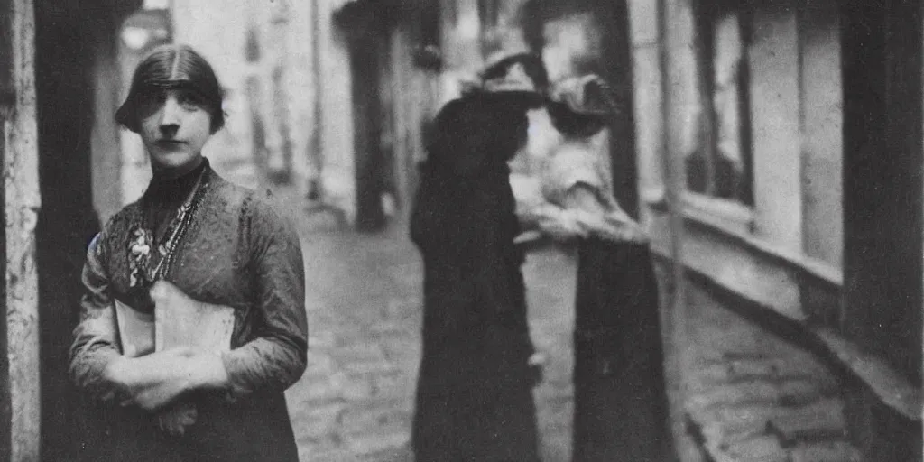 Image similar to a young woman with freckles looks deeply into the camera, 1920's london street, art nouveau, dark streets, grungy, style of Joel Meyerowitz, gustav klimpt, painterly