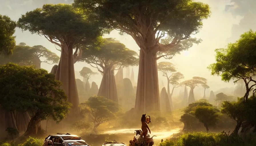 Image similar to an suv designed by ford driving through madagascar road with baobabs trees, animals running along, artgerm and greg rutkowski and alphonse mucha, an epic fantasy, volumetric light, detailed, establishing shot, an epic fantasy, trending on art station, octane render, midsommar