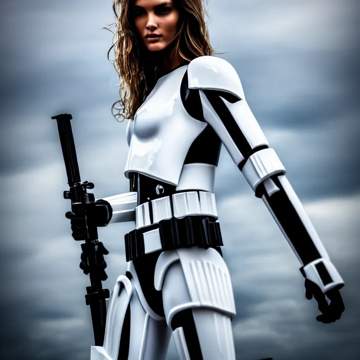 Prompt: fully body pose, photo of a very beautiful!! victoria secret model, stormtrooper themed, wet hair, raining, 8 k, hdr, smooth, sharp focus, high resolution, award - winning photo, trending on artstation, dslr, 5 0 mm