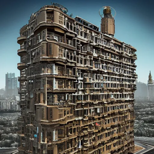 Prompt: Endless Plattenbau, Moscow, Russia, 2045, steampunk