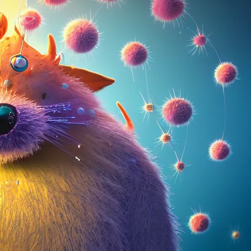 Image similar to tiny fur single - cell monster, floating, rbc, radiolaria, protophyta, micro - organisms, center, symmetric, rim light, marine microbiology, bioluminescence, electric, fur, soft, concept art, intricate details, highly detailed, colorful, photorealistic, disney pixar, octane render, iridescent, anime, 8 k