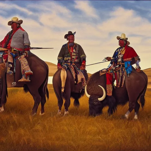 Prompt: cheyenne tribal men hunt for bison on hills of south dakota by mary jane ansell