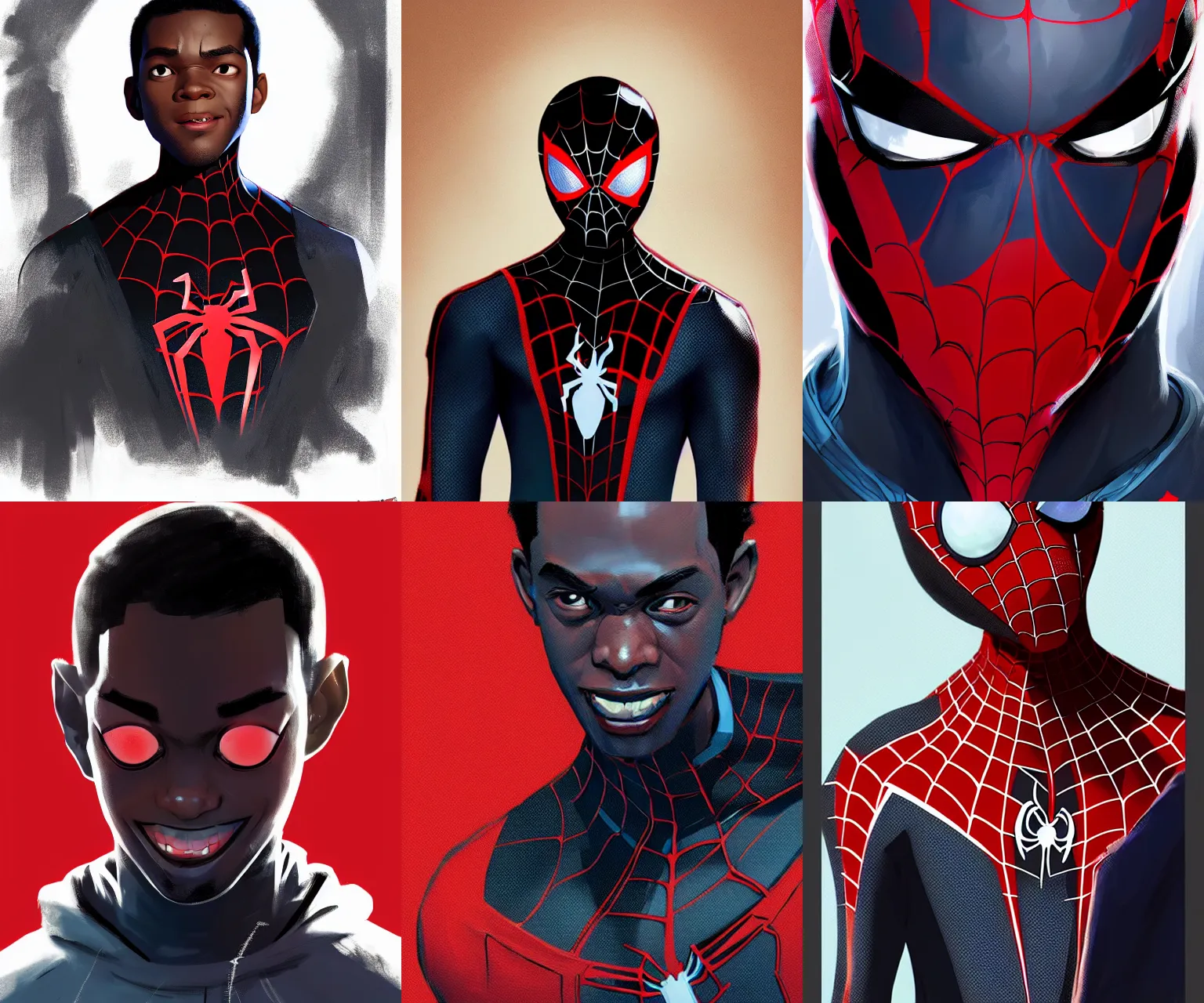 Prompt: portrait of miles morales, spider - verse art style, artstation, trending, highly detailed, smooth, focus, by alberto mielgo, craig mullins, robh ruppel, yun ling, vaughan ling, neil ross, jesus alonso iglesias