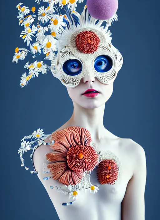 Prompt: biomechanical beautiful woman portrait with a smooth carved porcelain ivory profile face, futuristic haute couture, iris van herpin, headdress with daisies, colorful puffballs, mushrooms, rhizomorphs, brackets, sponge corals, laser cut lace, red lips, beautiful round blue iris, hyper detailed, ultra sharp, 1 5 0 mm, 8 k, uhd