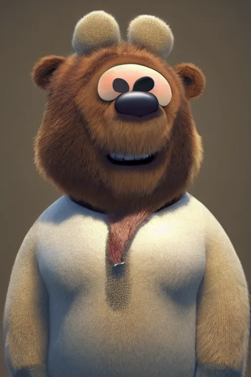 Image similar to a cute character design cgi 3 d anthropomorphic bear with soft fur and a face like yogi in the style of pixar, blender, cinema 4 d